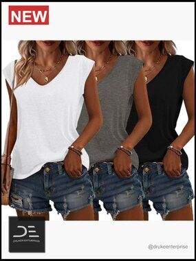 3 Pack Womens Cap Sleeve V Neck T Shirts Summer Beach Vacation Fashion Tee